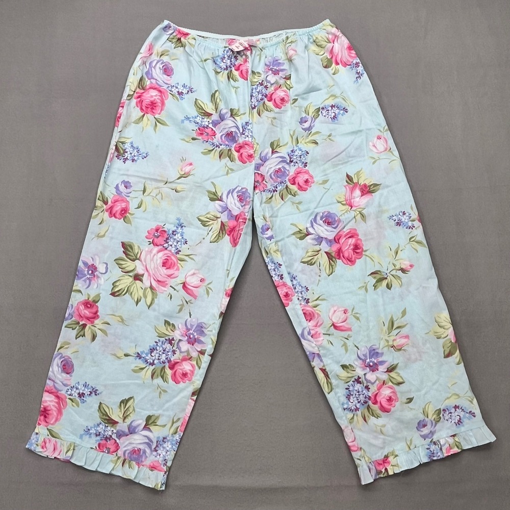 Victoria Secret Cotton Floral Pajama Pants Blue Pink Ruffle Crop Medium NWT